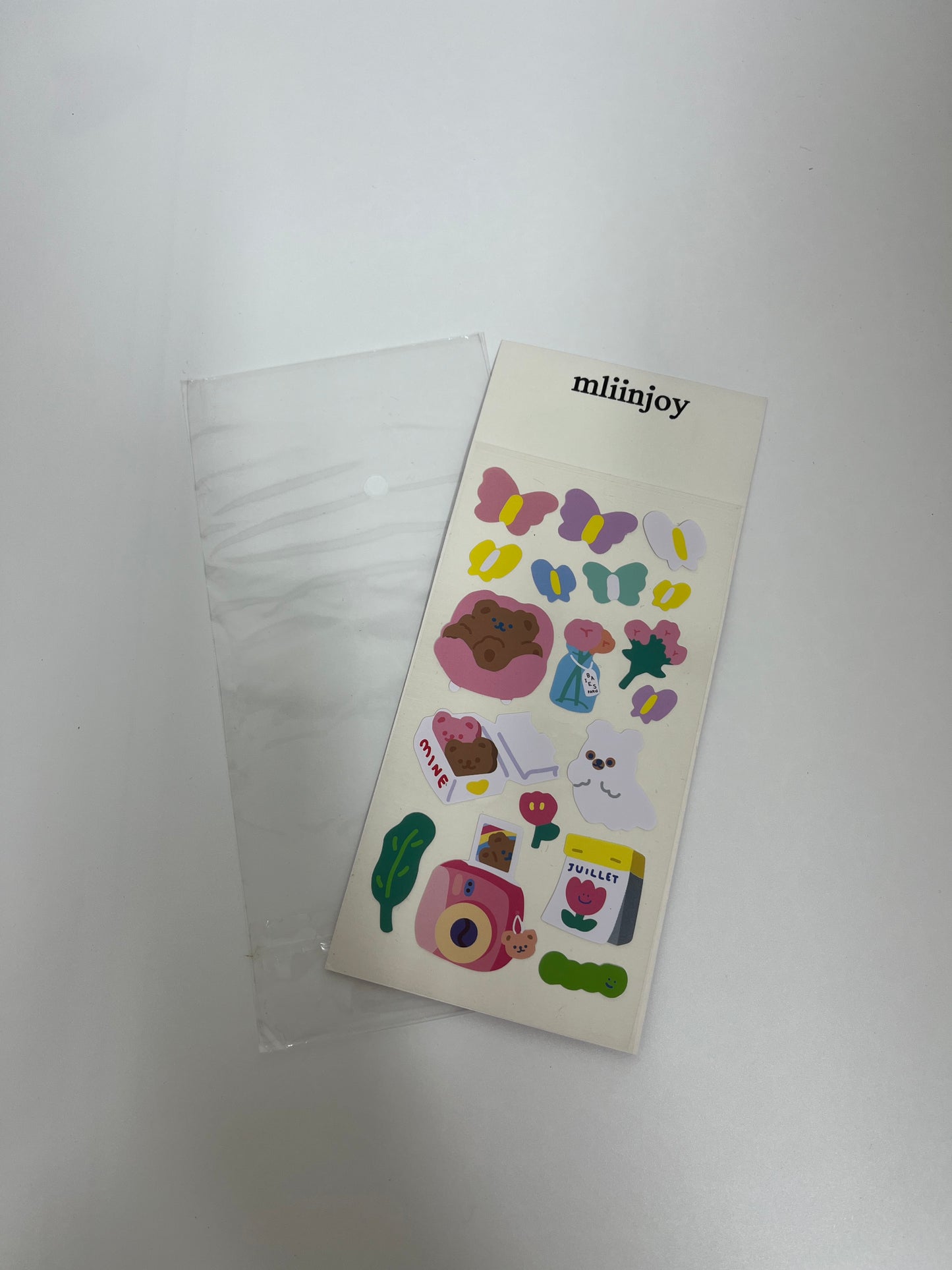 mliinjoy Cute Aesthetic Stickers – 1 Sheet of Kawaii Bear, Butterfly & Daily Life Designs for Journaling & Decor