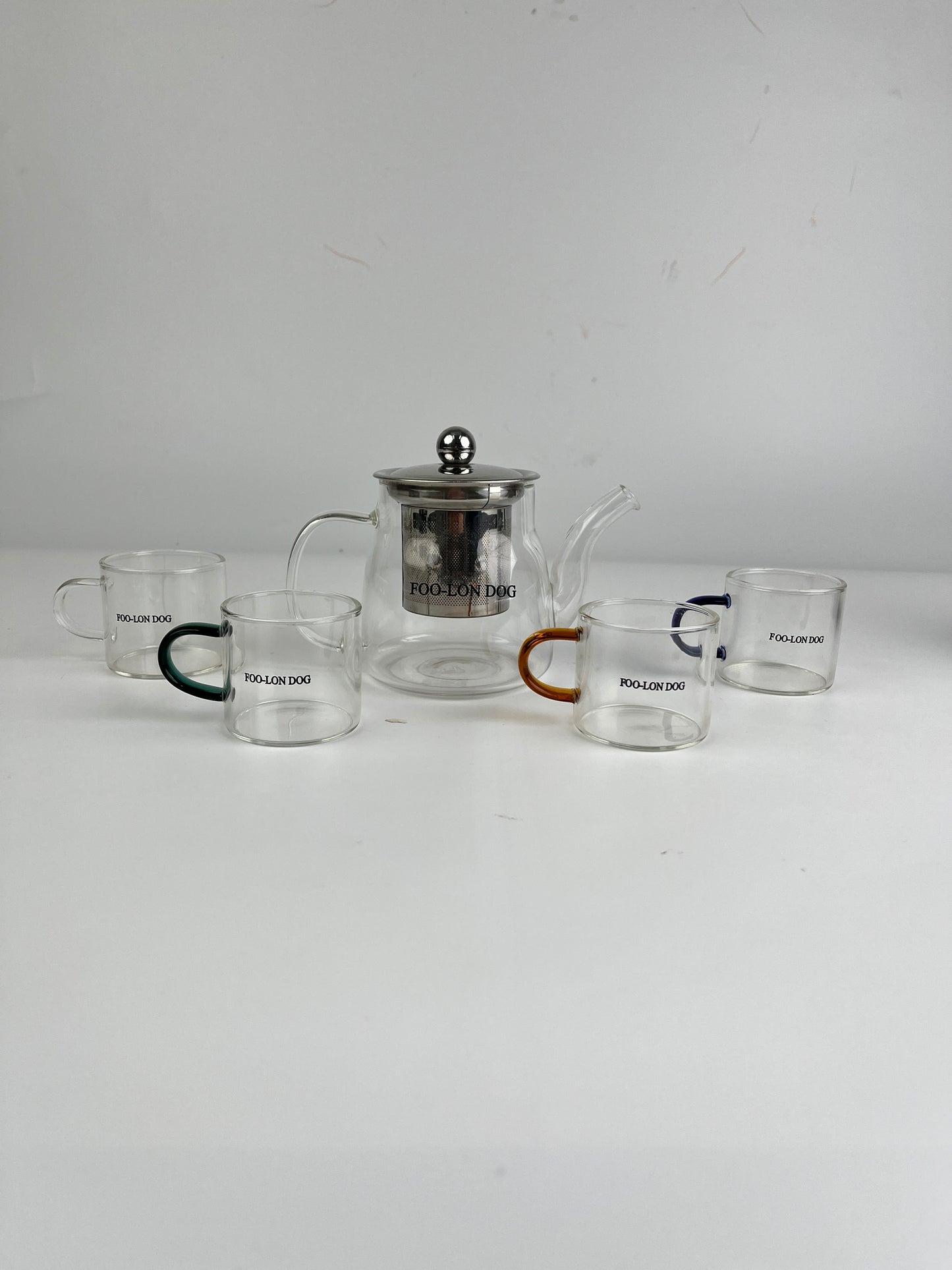 FOO-LON DOG Glass Tea Set – Modern Heat-Resistant Teapot with 4 Colored-Handle Cups