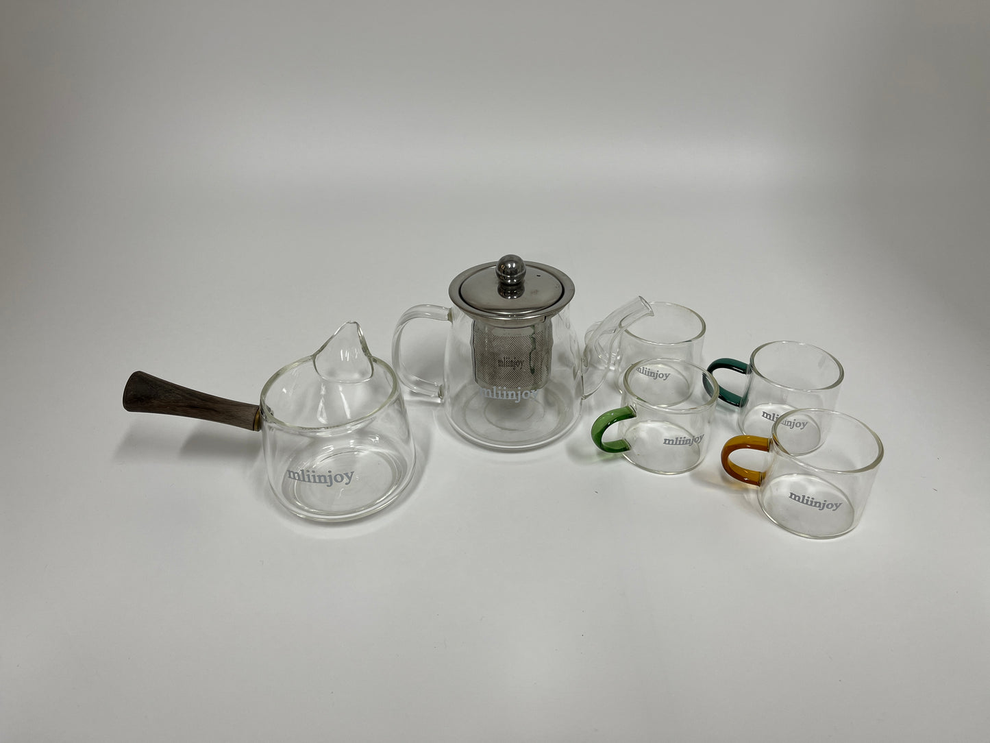 mliinjoy Glass Tea Set – 8-Piece Clear Teapot and Cup Set with Wood Handle & Stainless Steel Infuser for Gongfu or Modern Tea Service