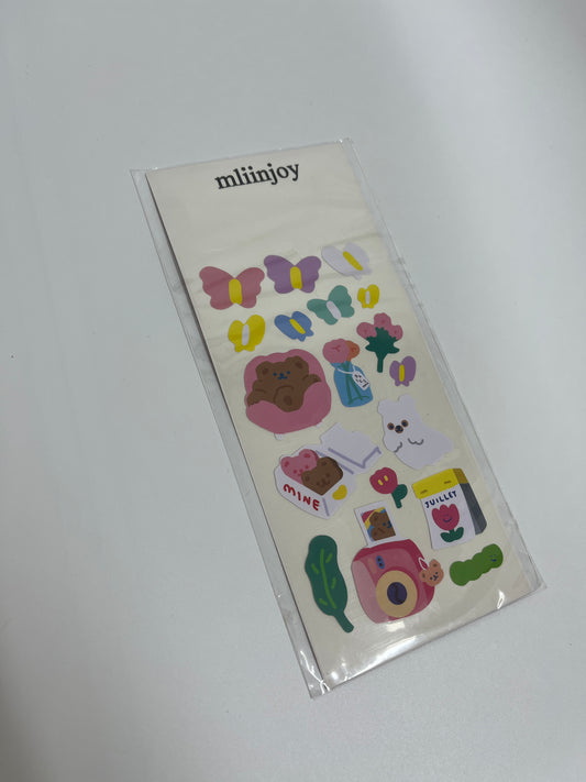 mliinjoy Cute Aesthetic Stickers – 1 Sheet of Kawaii Bear, Butterfly & Daily Life Designs for Journaling & Decor