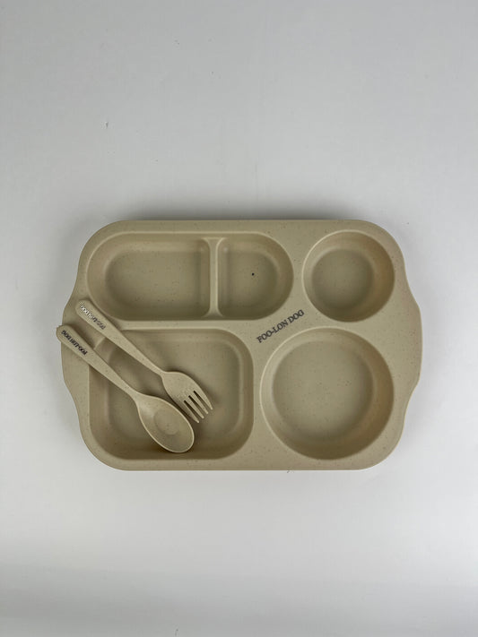 FOO-LON DOG Eco-Friendly Dishware Set – 3-Piece Compartment Plate with Spoon & Fork for Kids and Family Use
