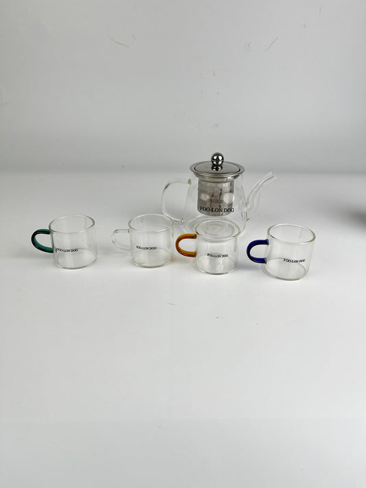 FOO-LON DOG Glass Tea Set – Modern Heat-Resistant Teapot with 4 Colored-Handle Cups